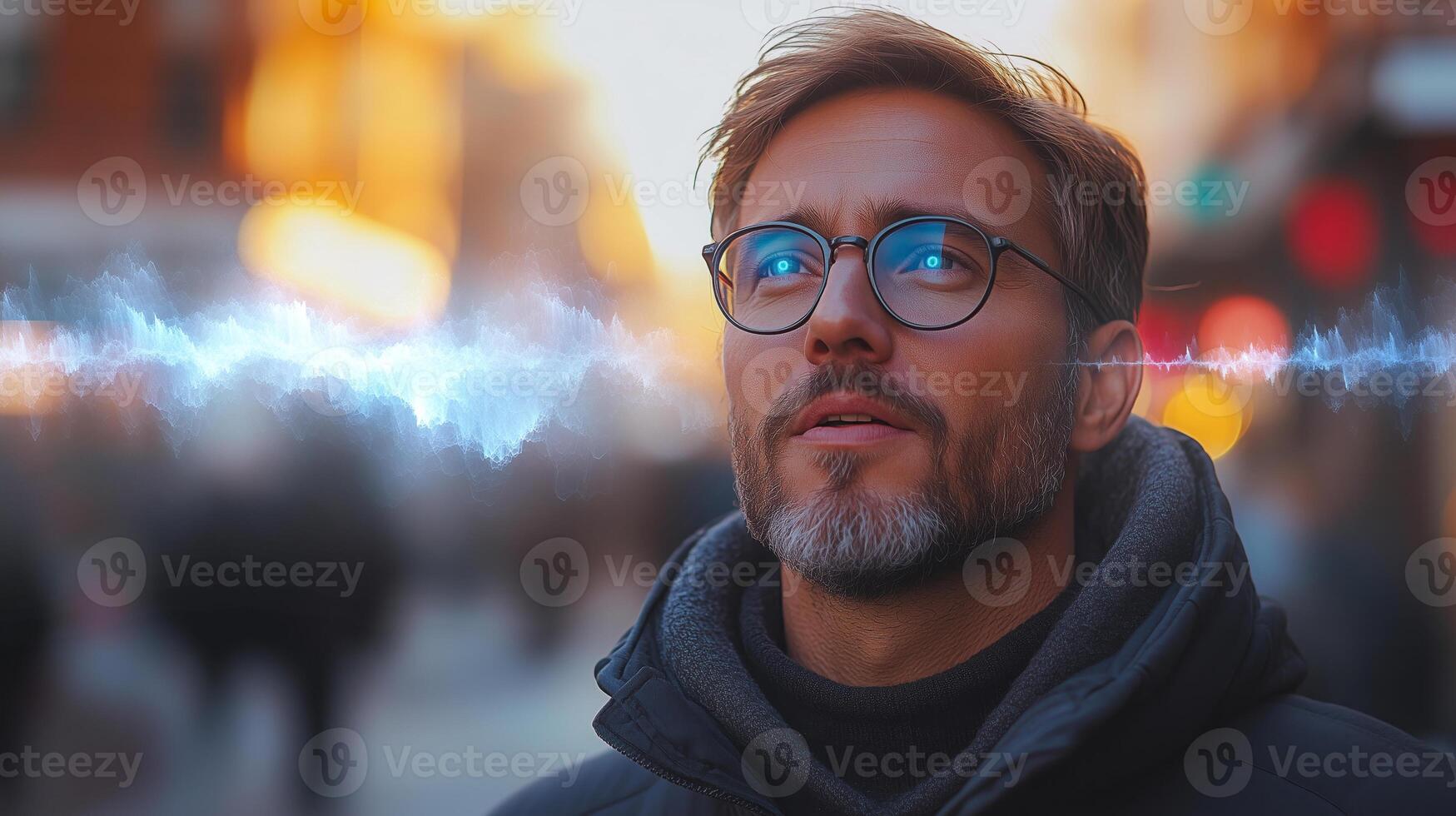 A man stands in a bustling city street, lost in thought as he interacts with voice control features. The warm sunset lights up the background, creating a lively atmosphere with sound waves visible. photo