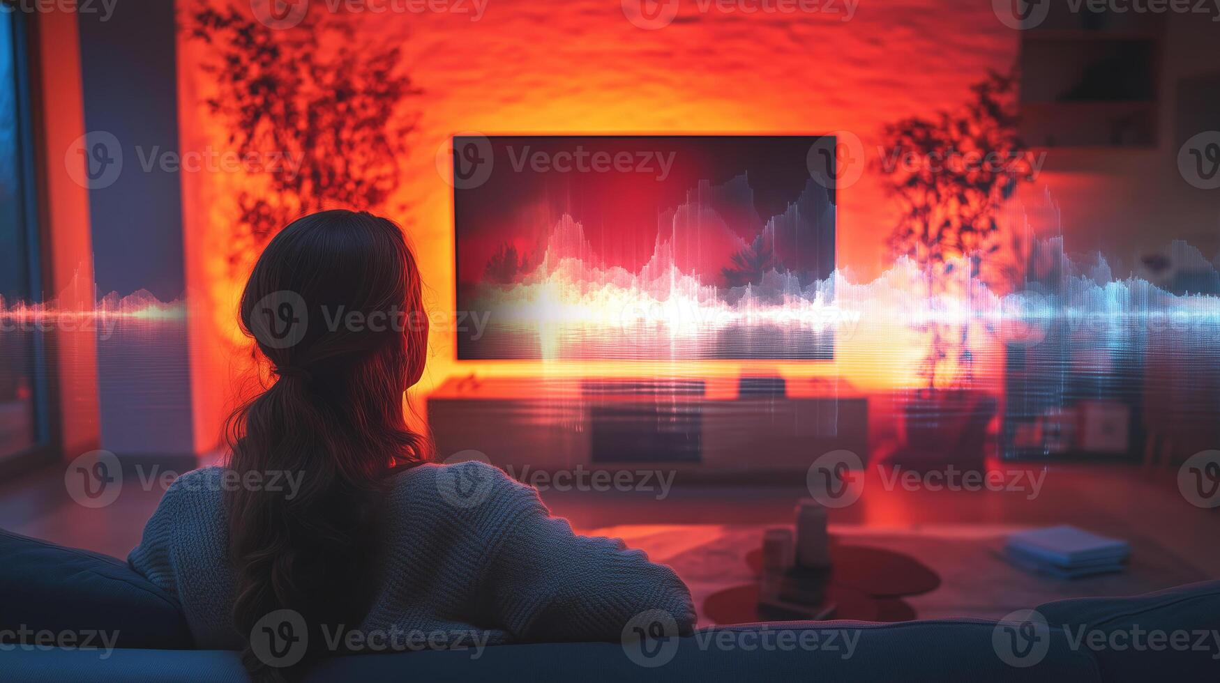 In a modern living room illuminated by warm hues, a woman sits on a couch, focused on a television displaying captivating sound graphics. She interacts with the system using voice control. photo