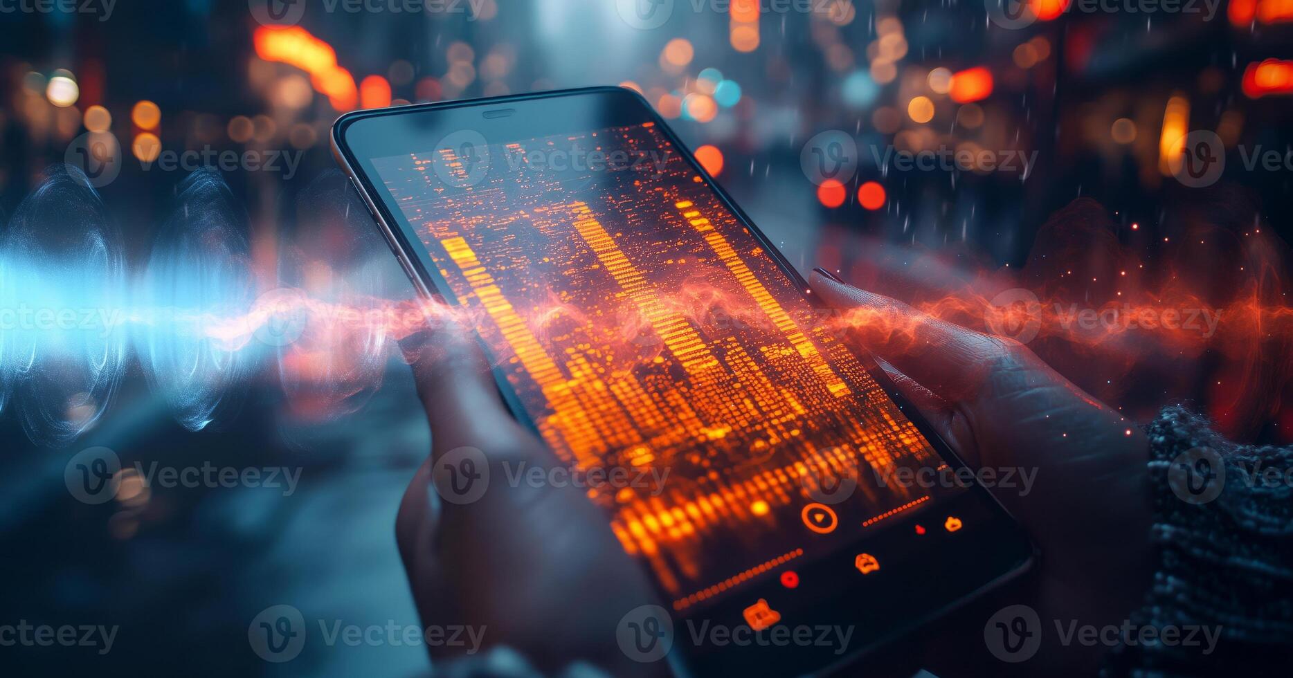 A person is holding a smartphone in a bustling urban area at night. The screen shows vibrant sound wave graphics, showcasing music or sound analysis. City lights create a lively atmosphere. photo