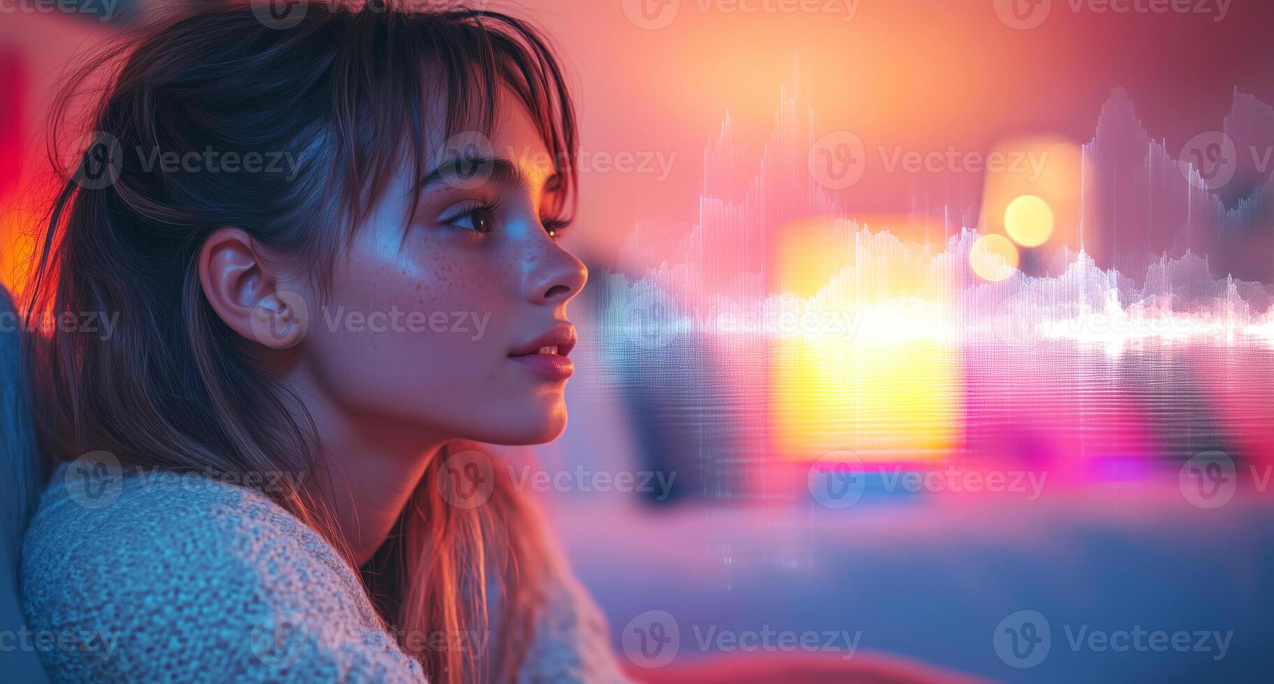 A woman interacts with voice control technology in a softly lit space, surrounded by colorful lights. photo