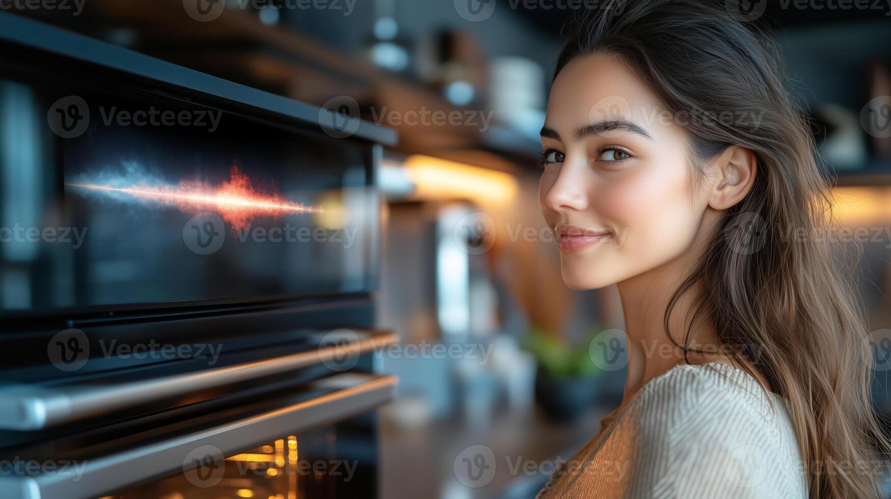A woman interacts with a voice assistant in a stylish kitchen. She engages with sound and graphics displayed on a device, showcasing technology's role in daily life. photo