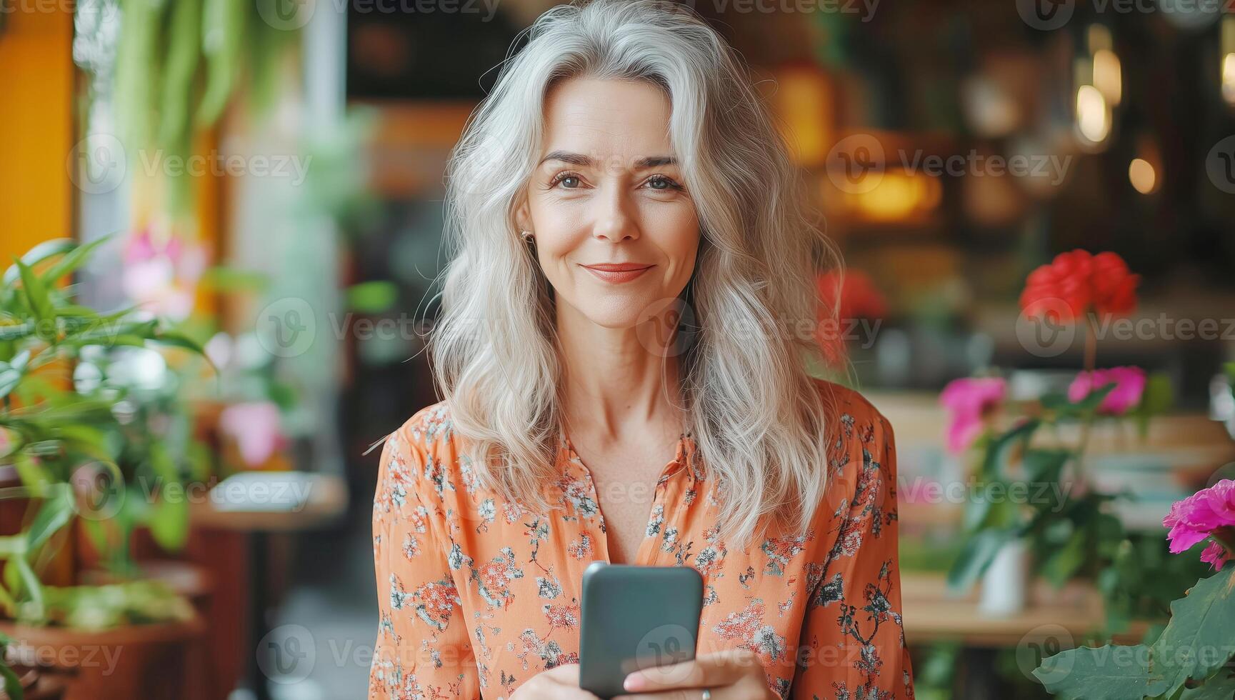 In a lively cafe filled with plants and flowers, a senior woman smiles as she interacts with her smartphone, utilizing a voice assistant to control sound settings while enjoying her surroundings. photo