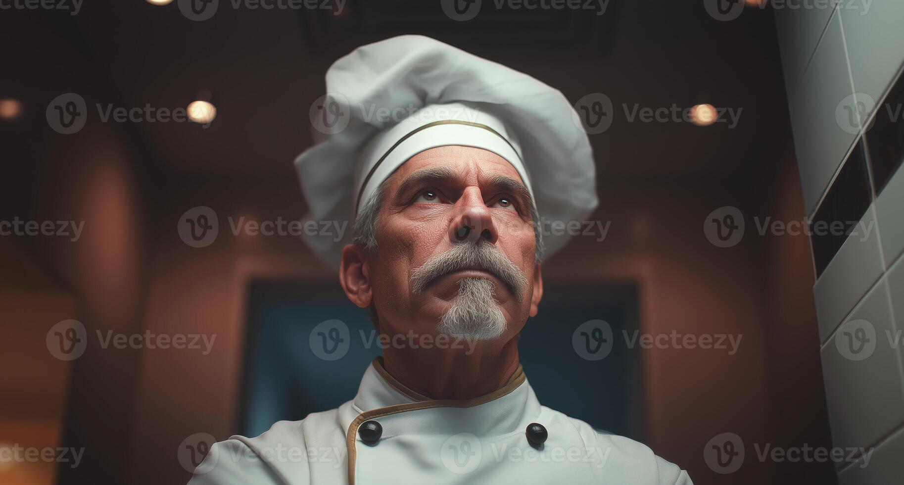 Chef stands confidently in a bustling restaurant kitchen, ready to deliver an exceptional dining experience. The atmosphere is lively with the sounds of cooking and clatter of utensils. photo