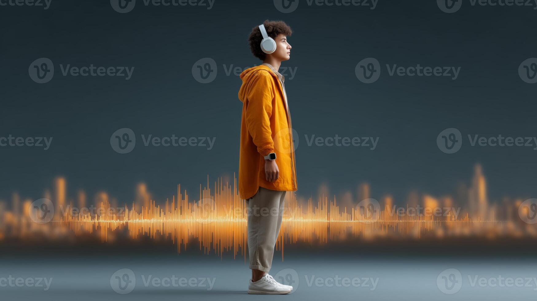 A young adult in a yellow hoodie stands quietly while wearing wireless headphones, enjoying music. photo