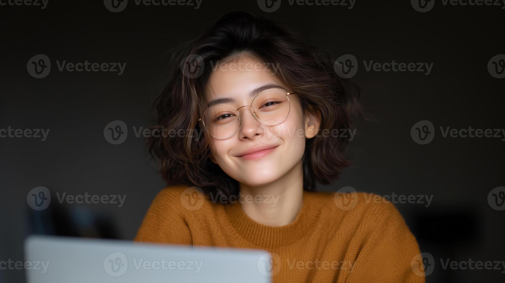 A woman with curly hair is smiling while interacting with a voice control assistant. She is wearing glasses and a cozy sweater, seated at a desk in a warm indoor setting during daylight. photo