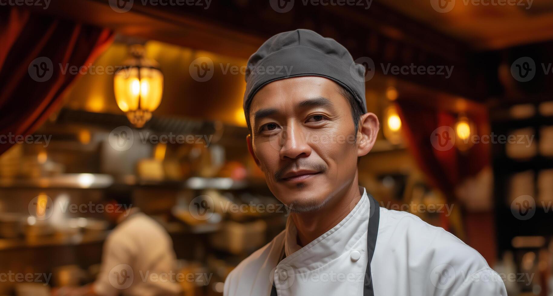 A dedicated cook stands confidently in a bustling restaurant kitchen. He is dressed in a chef's uniform, ready to create culinary delights while ensuring a smooth operation during peak dining hours. photo