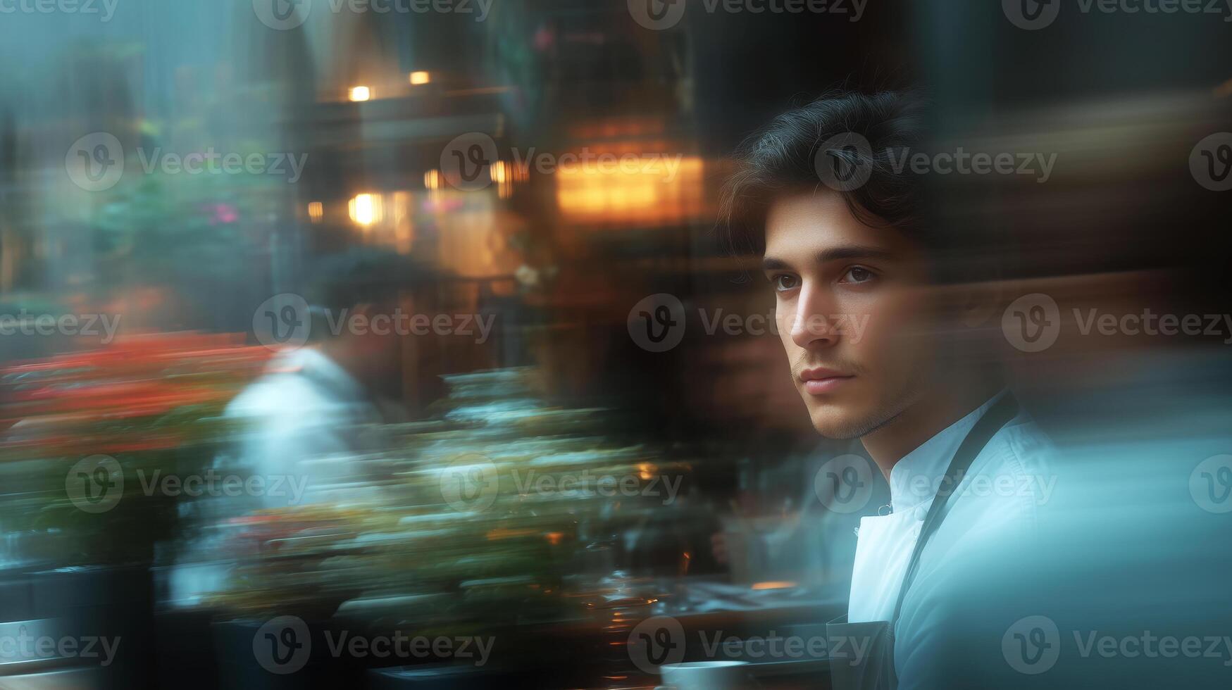 In a vibrant restaurant, a dedicated cook is deeply focused on preparing dishes amidst a lively atmosphere during an evening service. photo