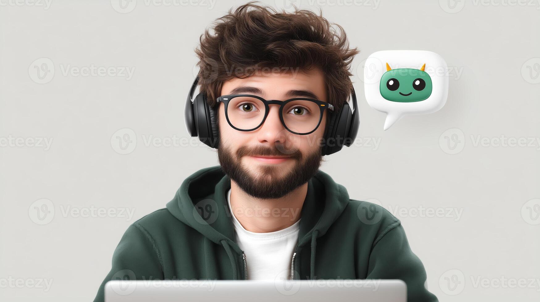 A young man with glasses listens attentively to a voice control assistant while using his laptop in a minimalist workspace. photo