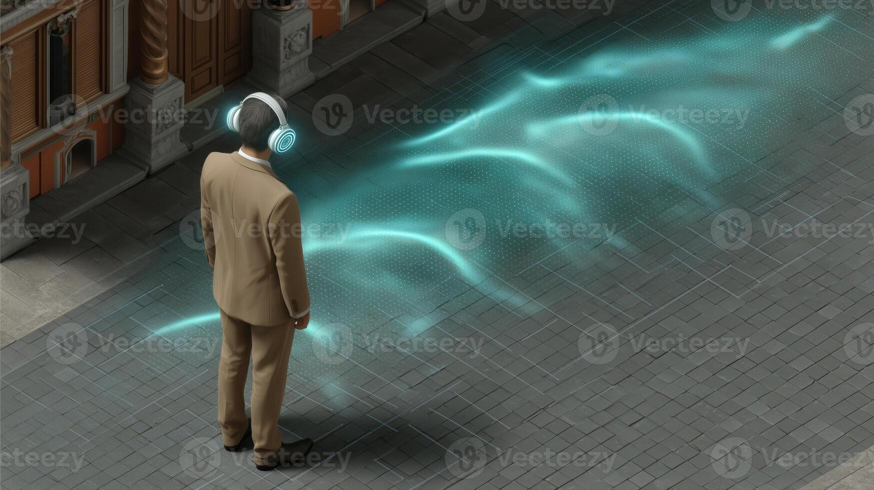 A person wearing headphones stands on a cobblestone street, interacting with a digital voice assistant. Glowing sound waves emanate from their device, illustrating communication. photo
