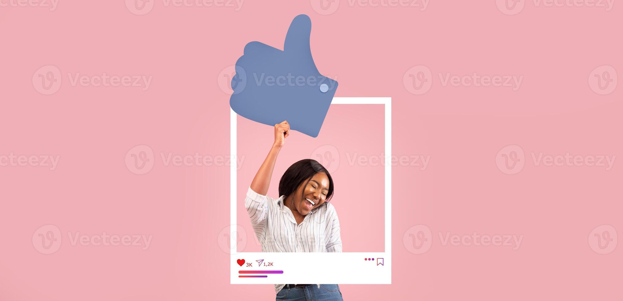 A cheerful influencer celebrates their recent online success with a thumbs-up, set against a colorful backdrop showcasing their vibrant personality and creative engagement. photo