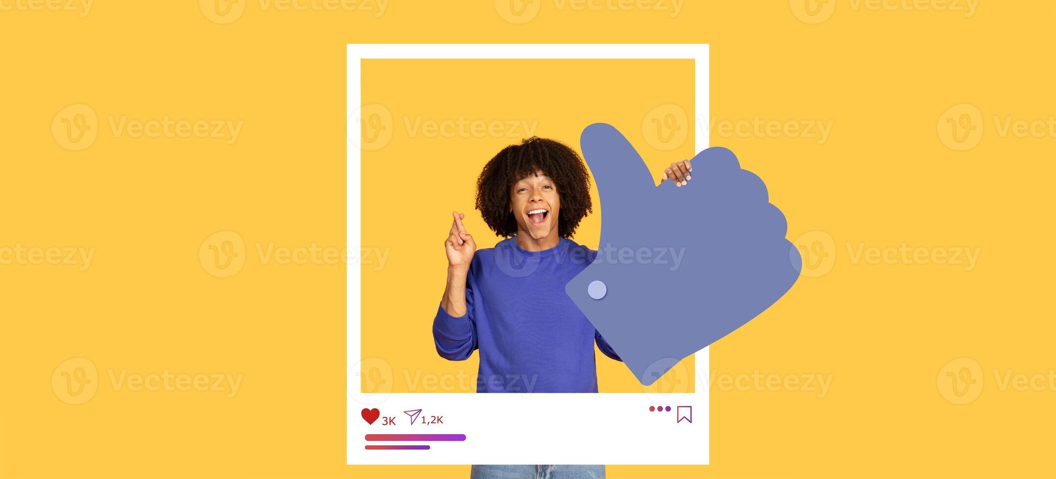 A content creator joyfully poses with a thumbs up sign, expressing excitement about their online engagement. Bright yellow background enhances the vibrant energy and enthusiasm for social media. photo