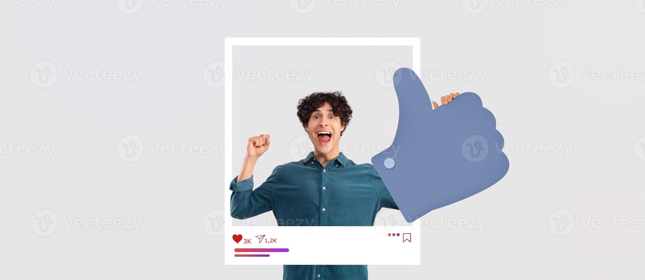 A cheerful individual is enthusiastically raising a thumbs up while smiling widely. The backdrop resembles social media collage elements, conveying an engaging online atmosphere. photo