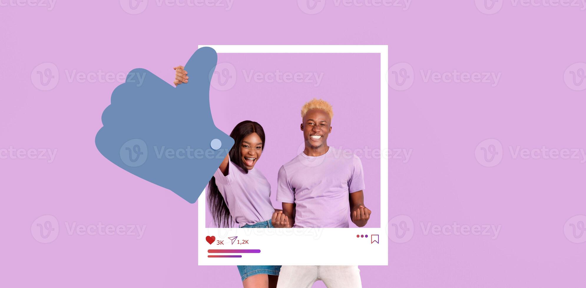 Two influencers stand against a pastel purple backdrop, both wearing casual attire. They give thumbs up to express positivity while celebrating their online engagement and achievements. photo