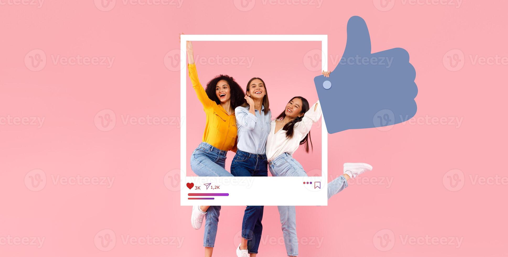 Three friends pose joyfully against a pink background with a large thumbs up graphic, showcasing their excitement for social media connections and content creation. photo