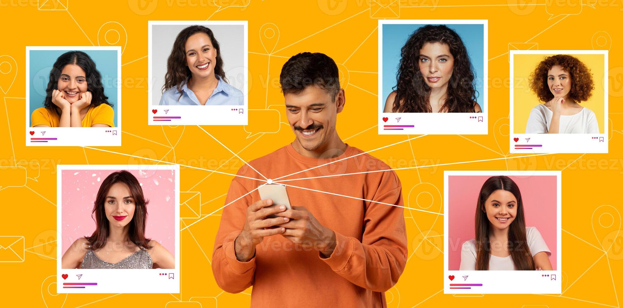 A man smiles while using a smartphone surrounded by various profiles of women. The colorful backdrop enhances a lively atmosphere of digital connections and engagement. photo