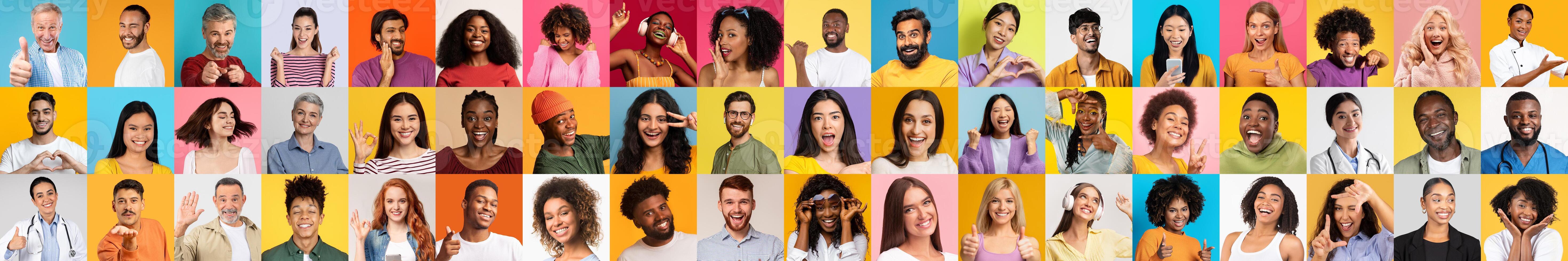 A collection showcasing a variety of faces from diverse backgrounds, each person radiating joy and individuality in bright, colorful settings. Celebrating diverse lifestyle and unity. photo