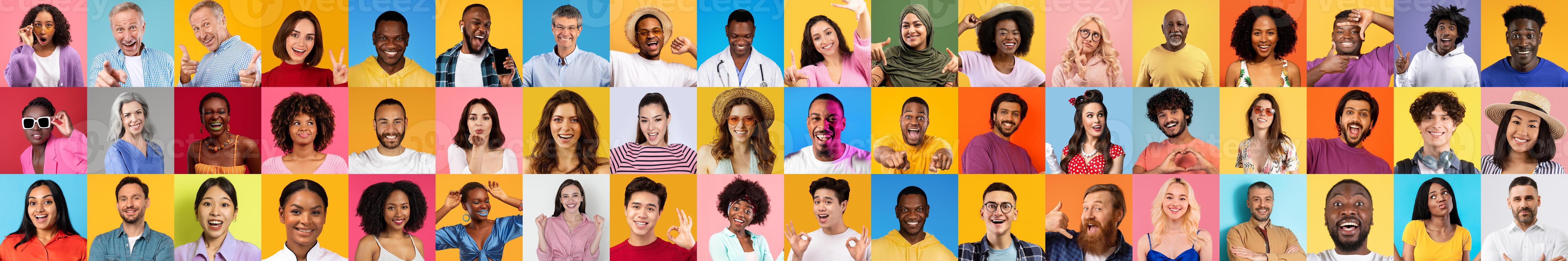 A vibrant collage features a joyful collection of individuals, all smiling against colorful backgrounds. Each portrait highlights unique expressions and lifestyles. photo