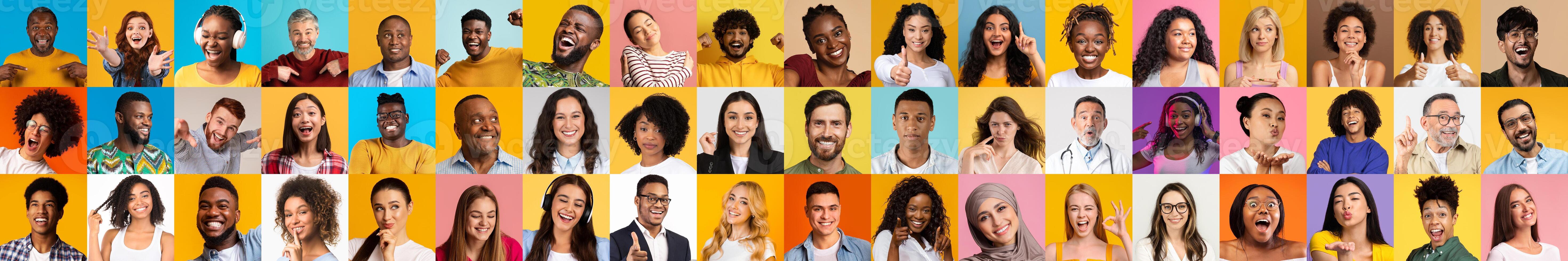 A vibrant collection showcasing joyful expressions of diverse individuals from different backgrounds. Each portrait highlights the beauty of diversity in a colorful setting, emphasizing unity. photo