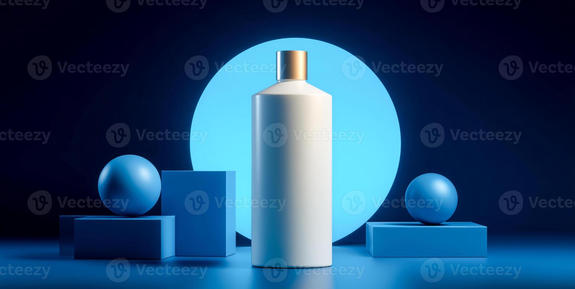This artistic display showcases a white cosmetic bottle positioned on a podium with geometric shapes in various blue tones. The lighting creates a vibrant atmosphere, enhancing the product's appeal. photo