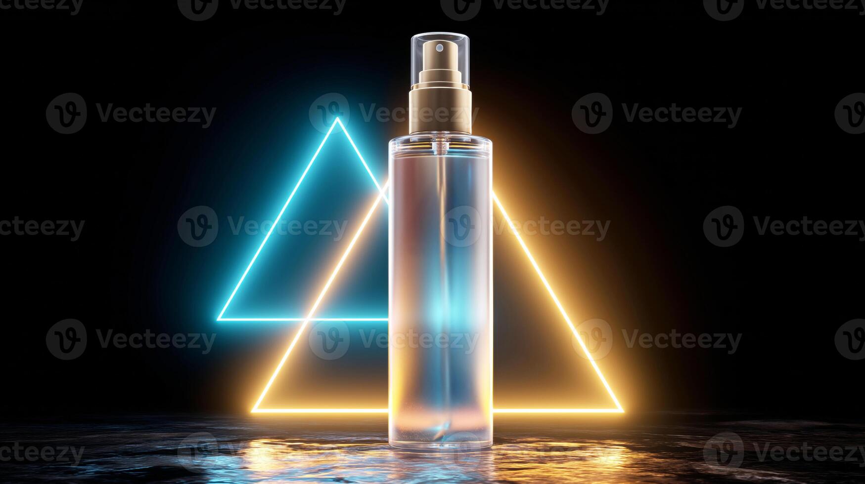 A clear bottle holding cosmetic product stands on a podium. Geometric shapes with vibrant lights create a modern backdrop. The focus is on the elegance and simplicity of the design and product. photo