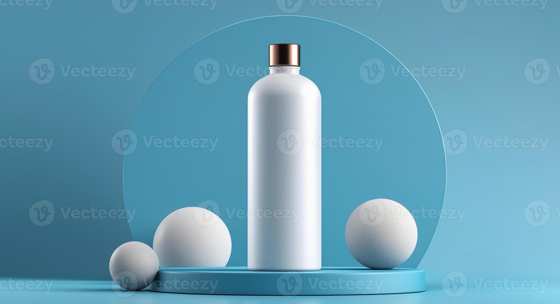 A sleek, white cosmetic bottle stands prominently on a circular podium surrounded by textured spheres. The soft blue backdrop enhances the minimalist aesthetic, emphasizing product design. photo
