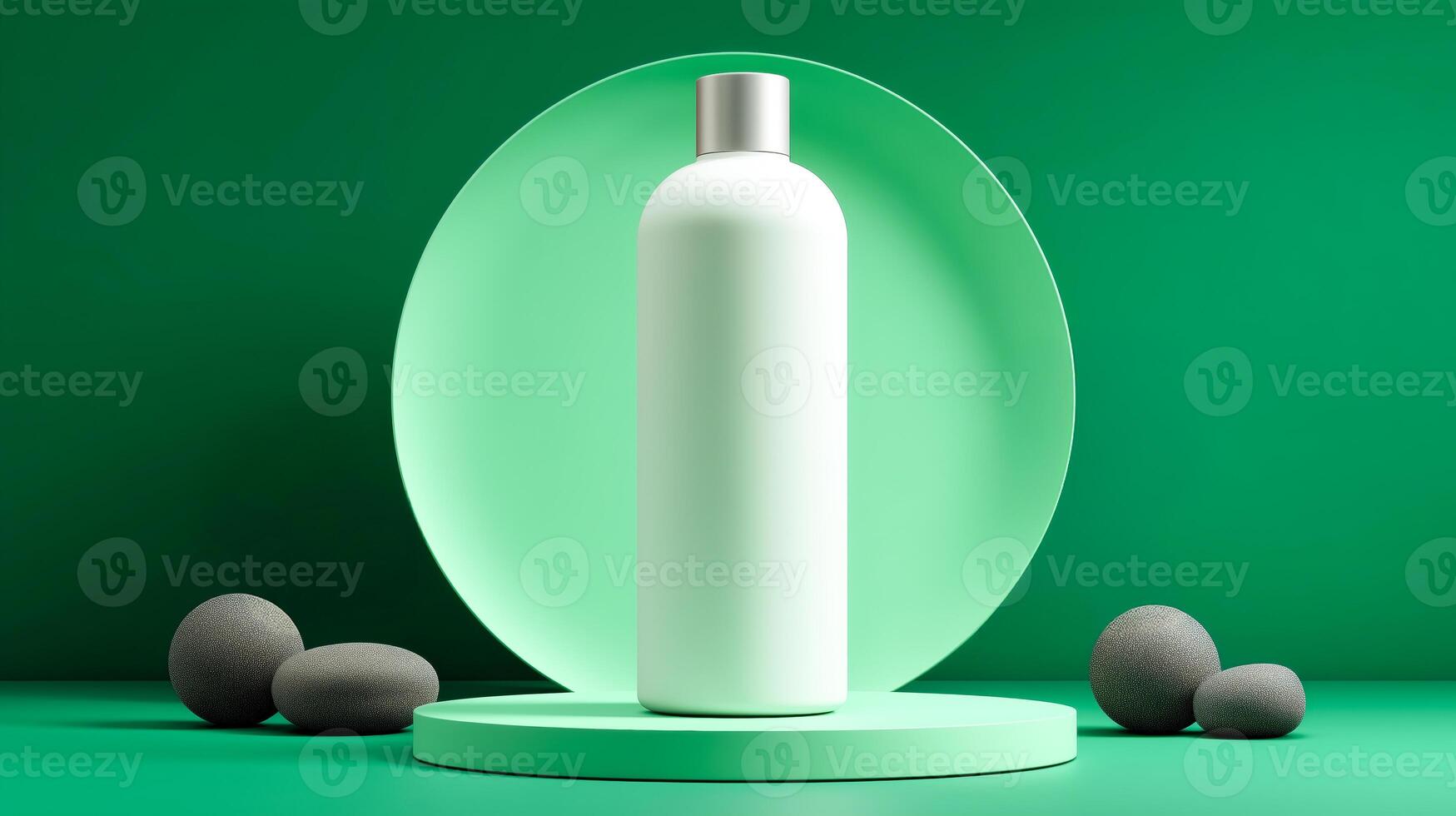 This composition features a sleek cosmetics bottle placed prominently on a circular podium. The vibrant green background enhances the minimalist aesthetic. photo