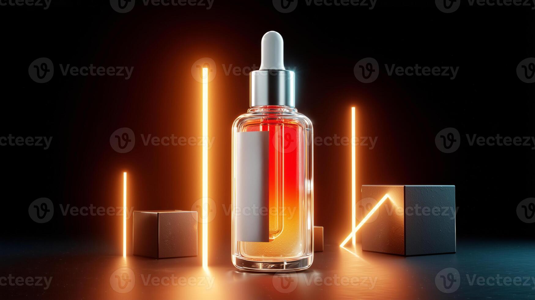 The cosmetic bottle is displayed on a geometric podium, featuring a gradient design that transitions from orange to red. photo