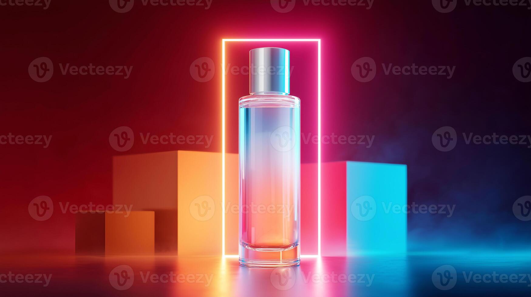 A stylish cosmetic bottle mockup stands on a geometric podium illuminated by vibrant neon lights. photo