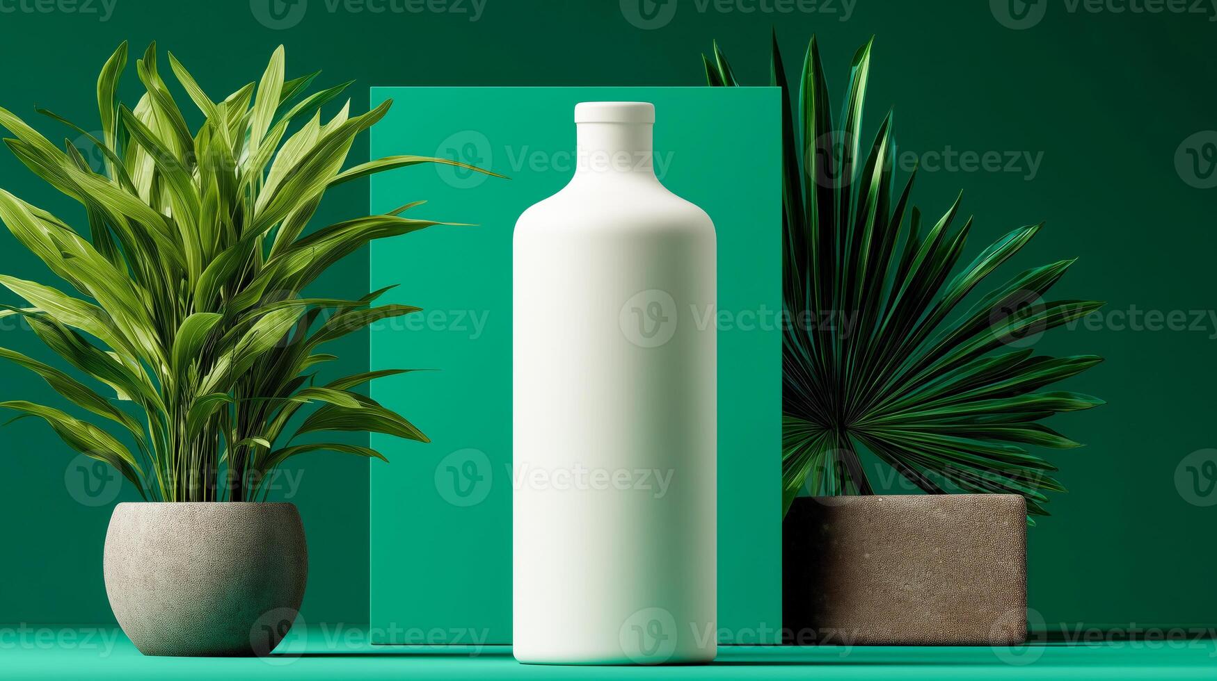 A sleek, white cosmetic bottle stands prominently on a podium, surrounded by lush green plants. The geometric backdrop enhances the modern aesthetic, creating a fresh vibe. photo