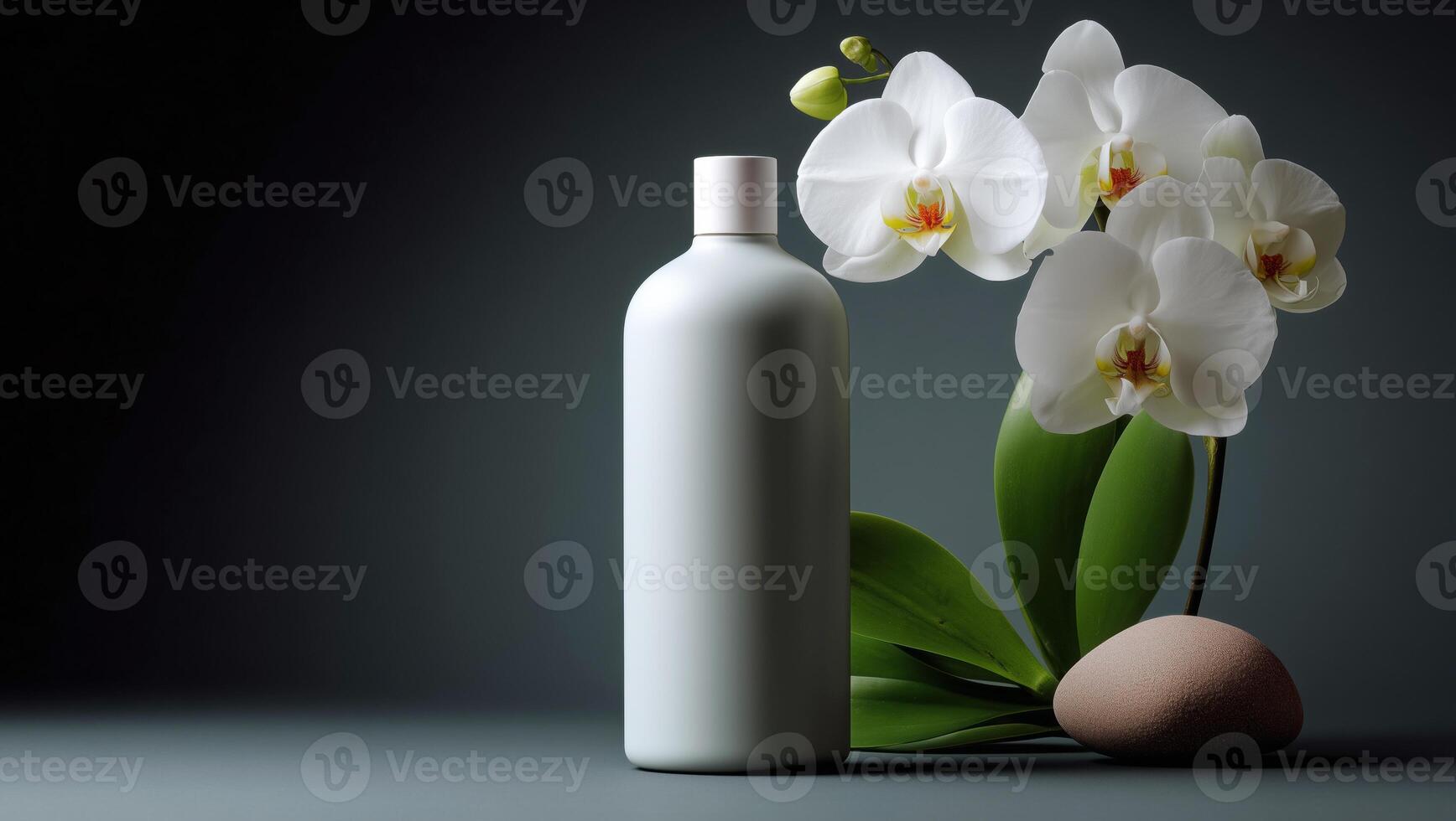 A simple and elegant cosmetic bottle stands on a geometric podium. It is accompanied by delicate orchid flowers and smooth stones, creating a serene and sophisticated display. photo