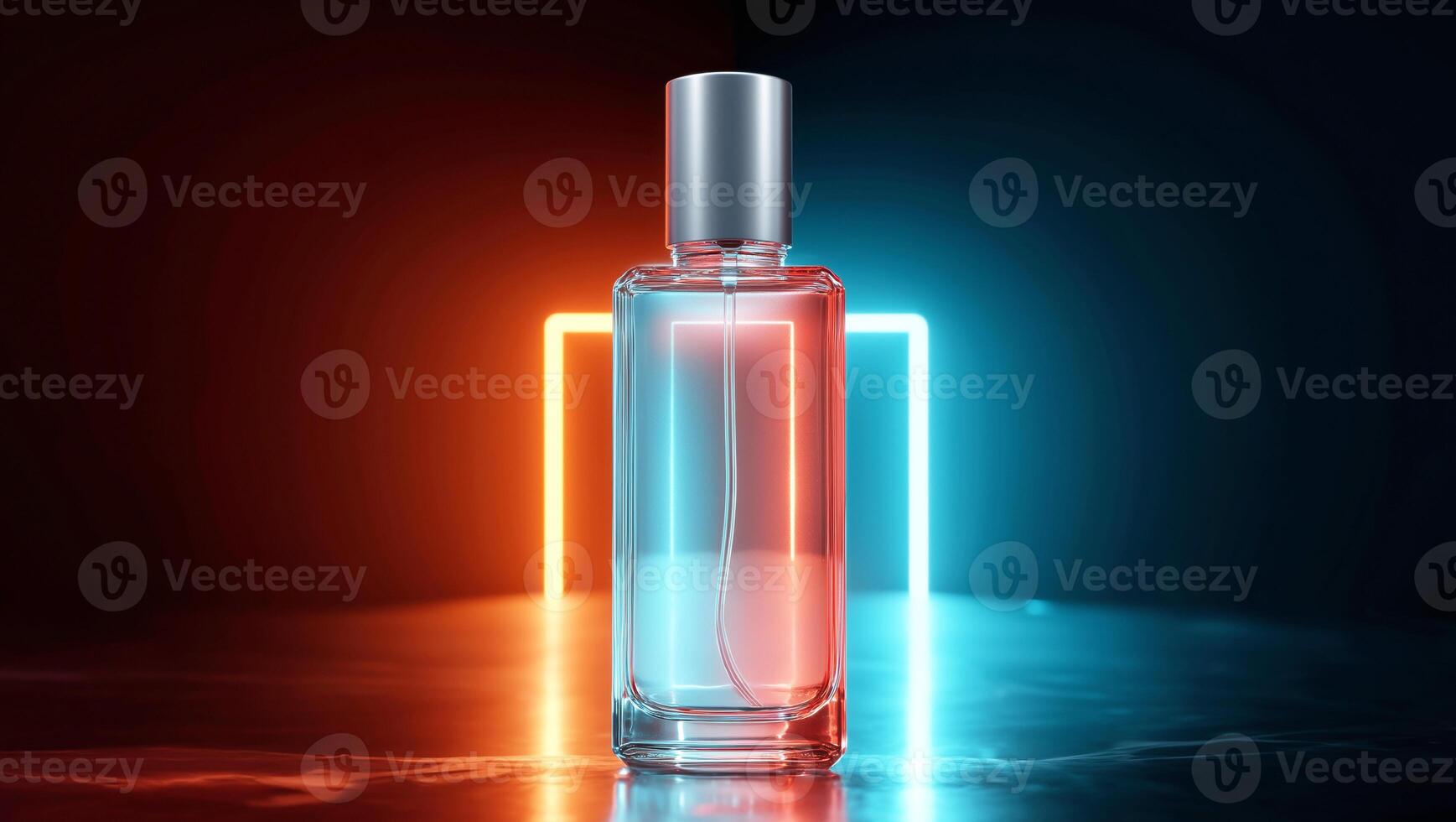 A clear cosmetic bottle is displayed on a geometric podium, illuminated by contrasting orange and blue lights, creating an eye-catching visual effect. The setting highlights the product's design. photo
