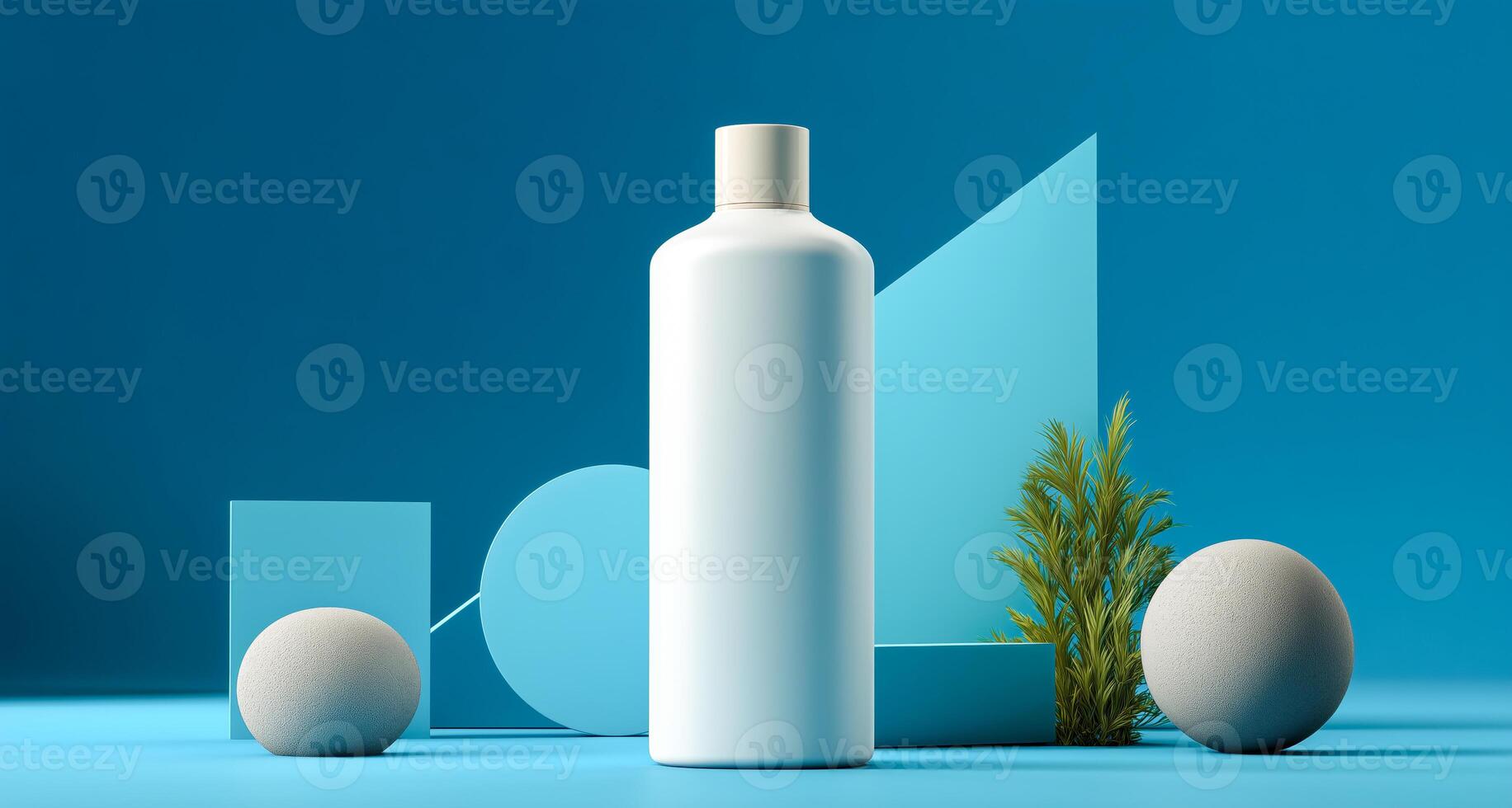 A white cosmetic bottle is prominently displayed on a geometric podium created with various shapes in soft blue tones. photo