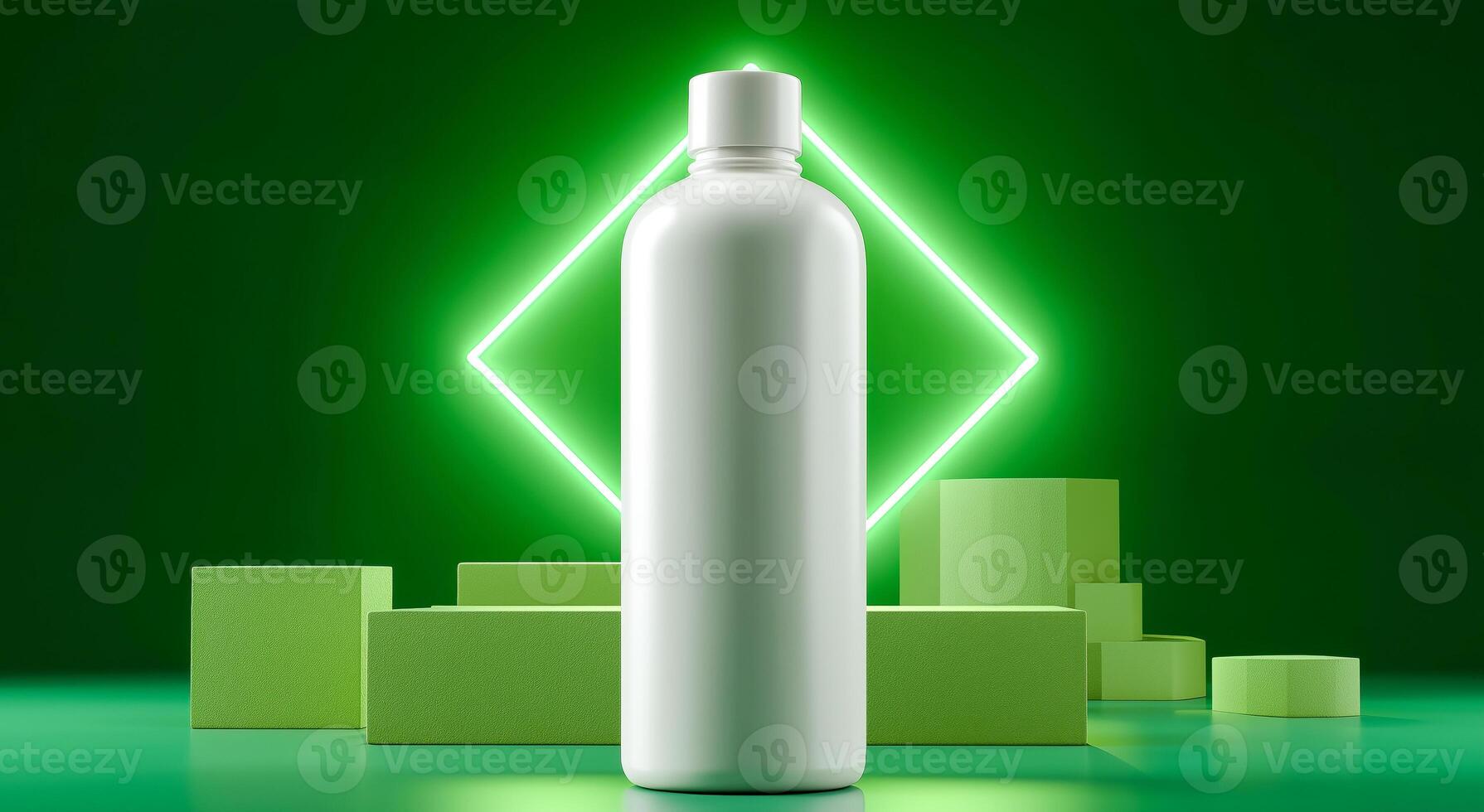 A white cosmetic bottle stands prominently on a geometric podium. The vibrant green background and neon diamond accent enhance the modern aesthetic, ideal for product branding and design. photo