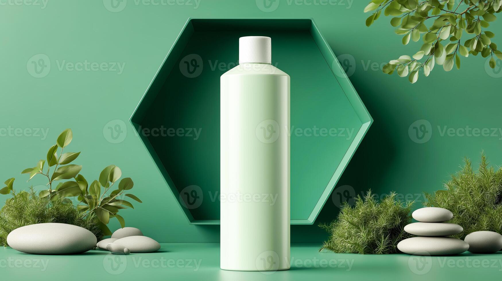 A sleek, mint-green cosmetics bottle stands upright on a smooth podium, surrounded by tranquil stones and vibrant greenery. photo