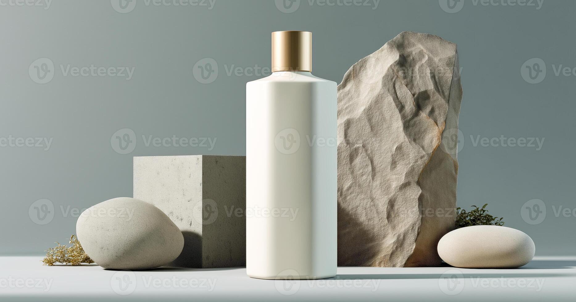 A sleek cosmetic bottle is positioned prominently atop a minimalist podium, surrounded by geometric shapes and natural stones. Soft lighting enhances the modern aesthetic of the display. photo
