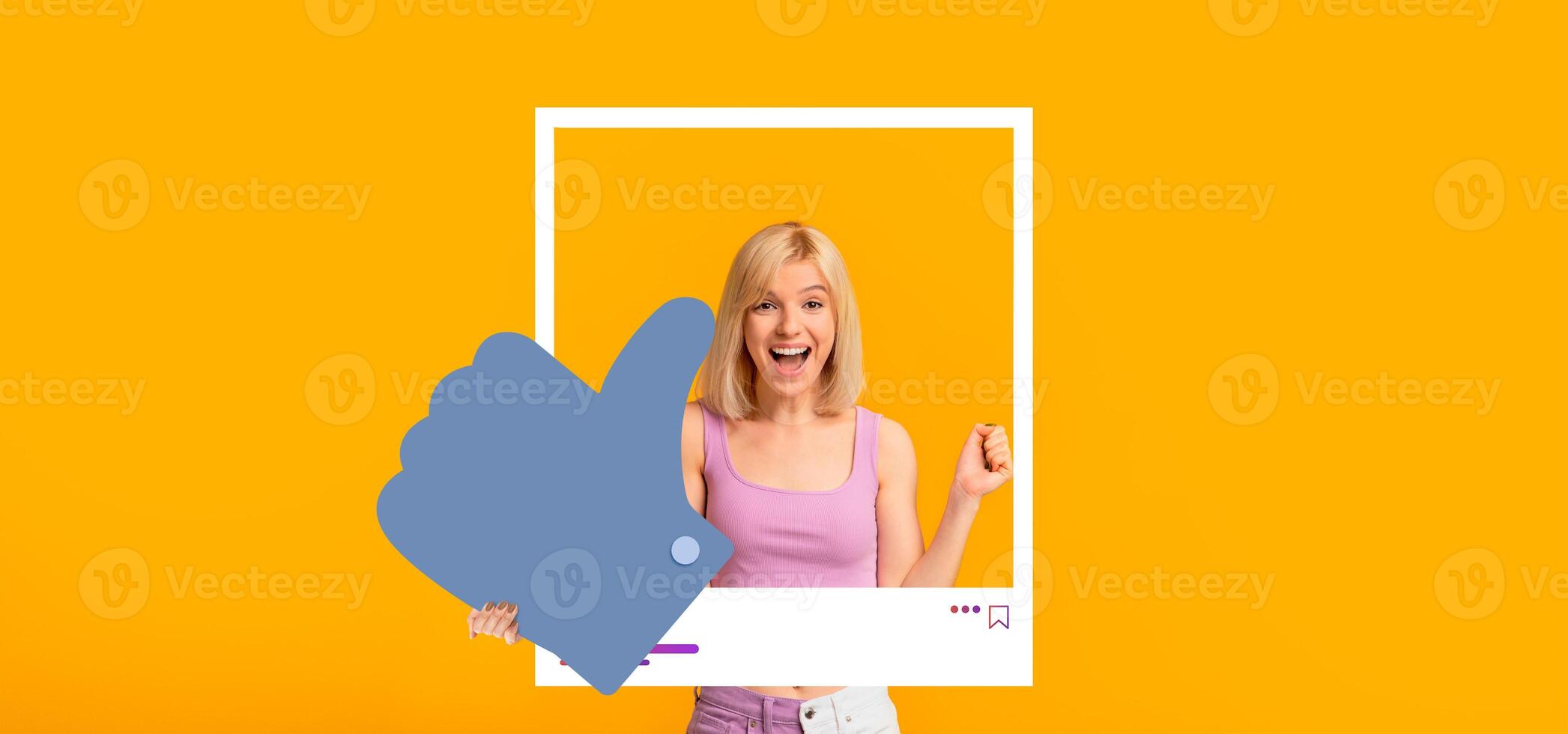 A young woman joyfully shows a thumbs up while standing against a bright orange background. She embodies enthusiasm and positivity, perfect for social media content creation. photo