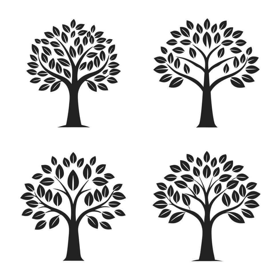 Set of four black and white tree silhouette illustrations vector