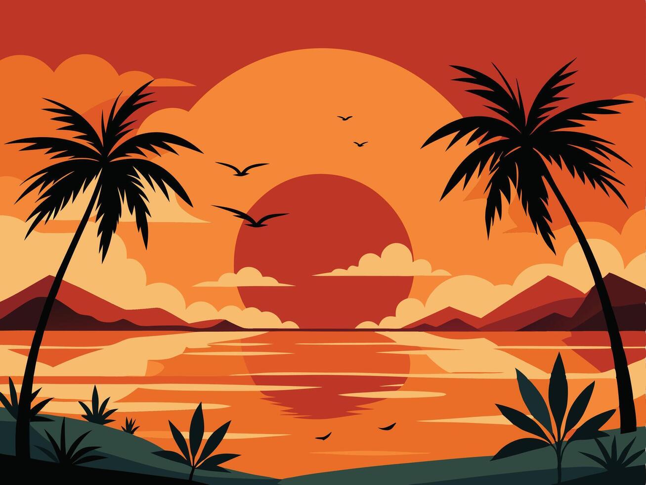 Sunset scene with palm trees over ocean silhouette tranquil landscape illustration. vector