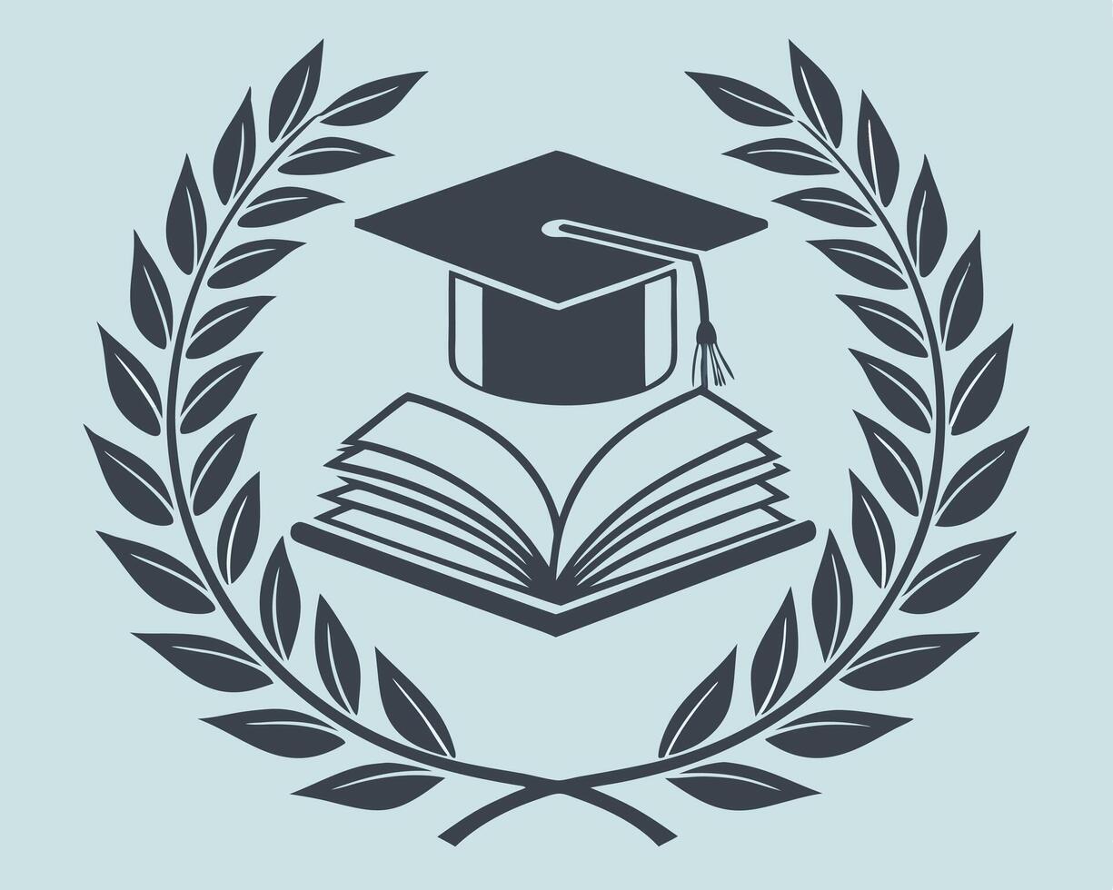 A symbolic emblem representing education knowledge and academic achievement with a graduation cap and laurel wreath vector