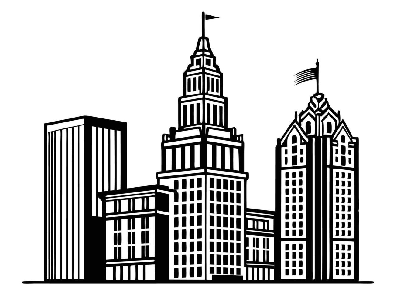 Minimalist black and white cityscape illustration featuring modern buildings and skyscrapers design vector