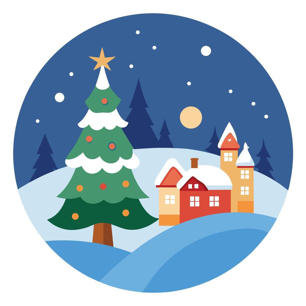 Festive christmas scene with decorated tree and village under a snowy sky vector