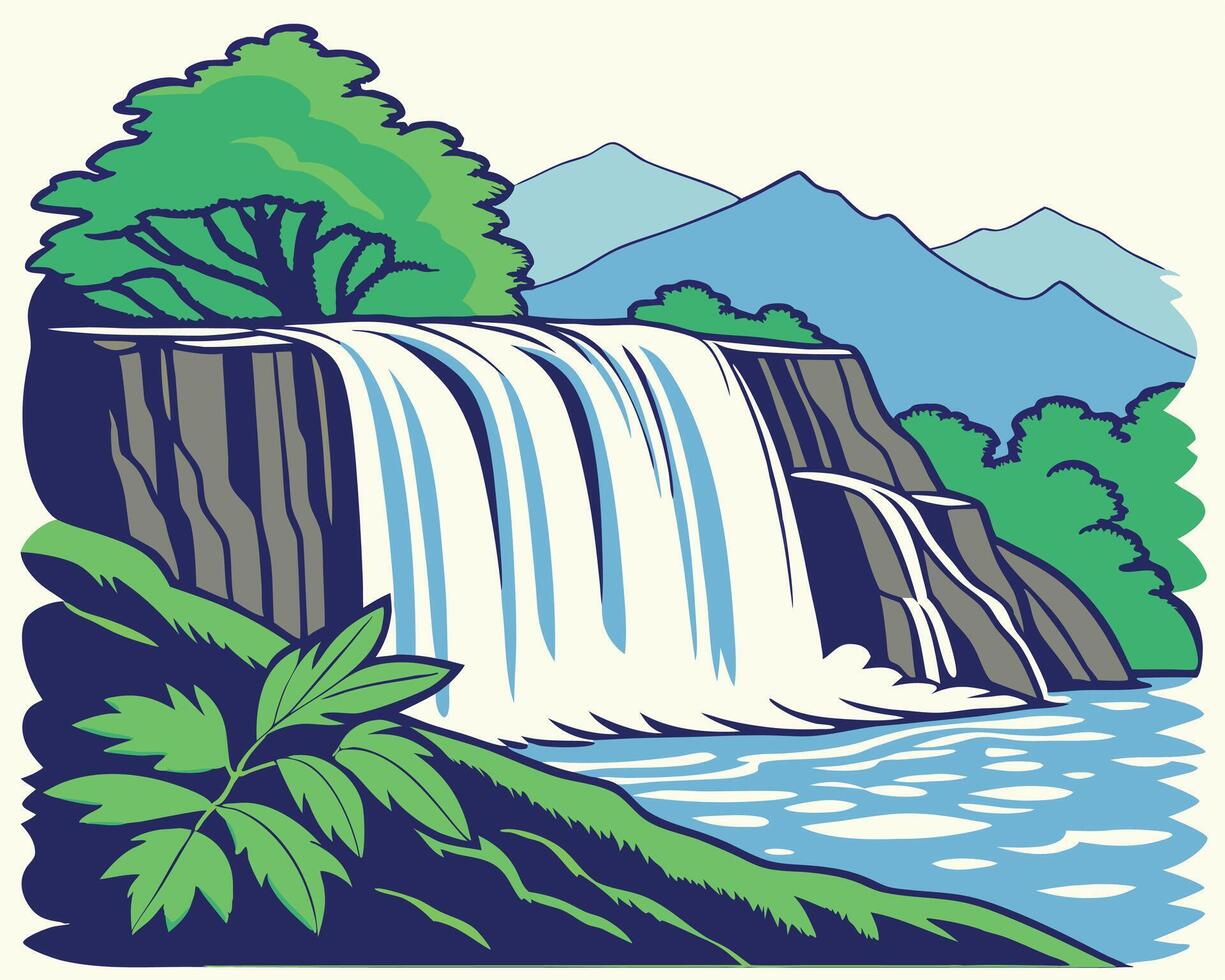 illustration of a cascading waterfall with green trees and blue mountains in the background. vector