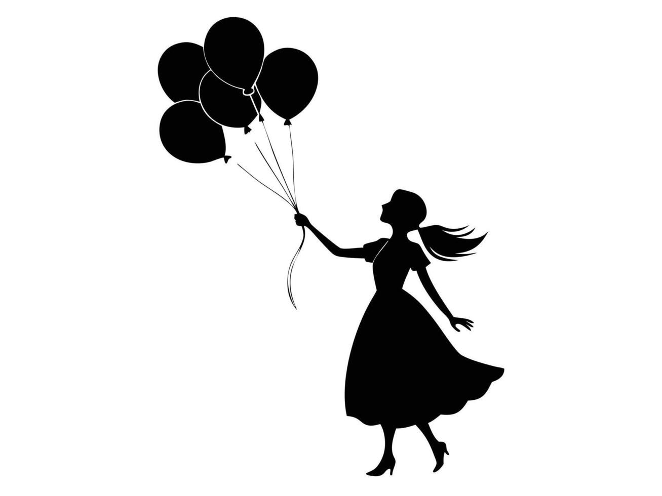 Silhouette of a happy girl holding balloons against white background in a minimalist black and white style vector