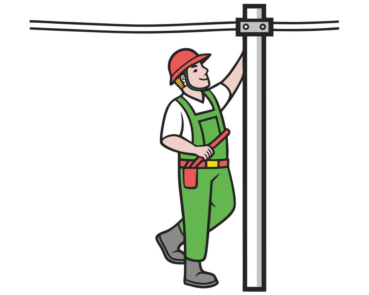 Cartoon electrician working on power lines and utility pole repairing infrastructure vector