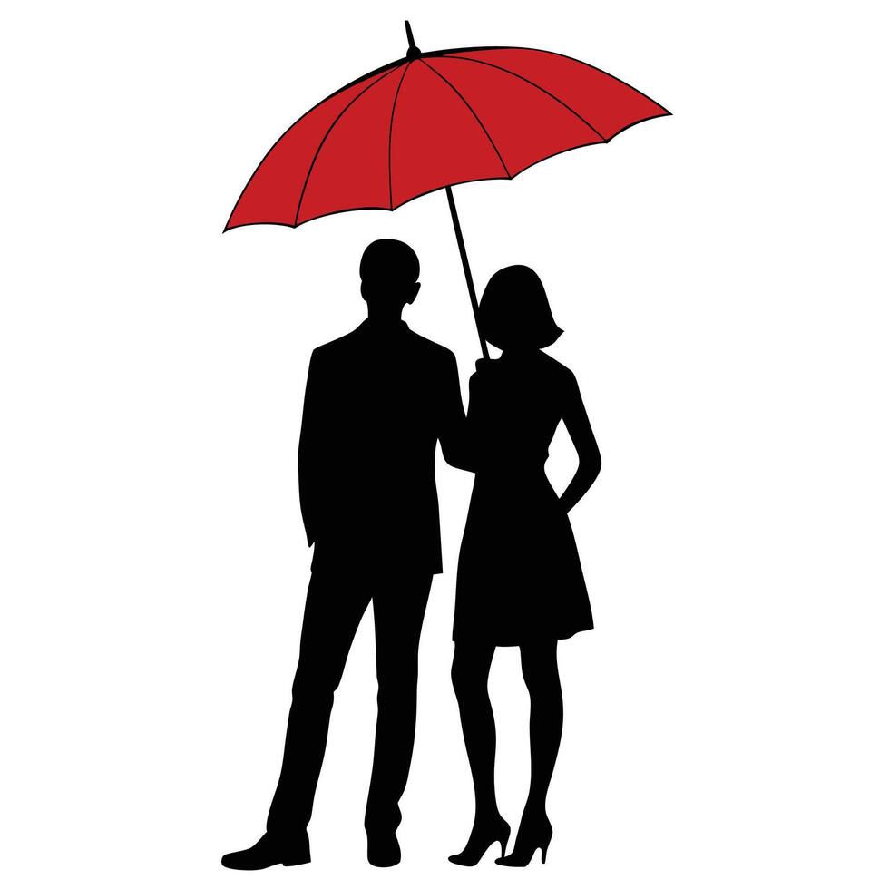 Silhouette of a romantic couple sheltering under a red umbrella on a bright white background vector