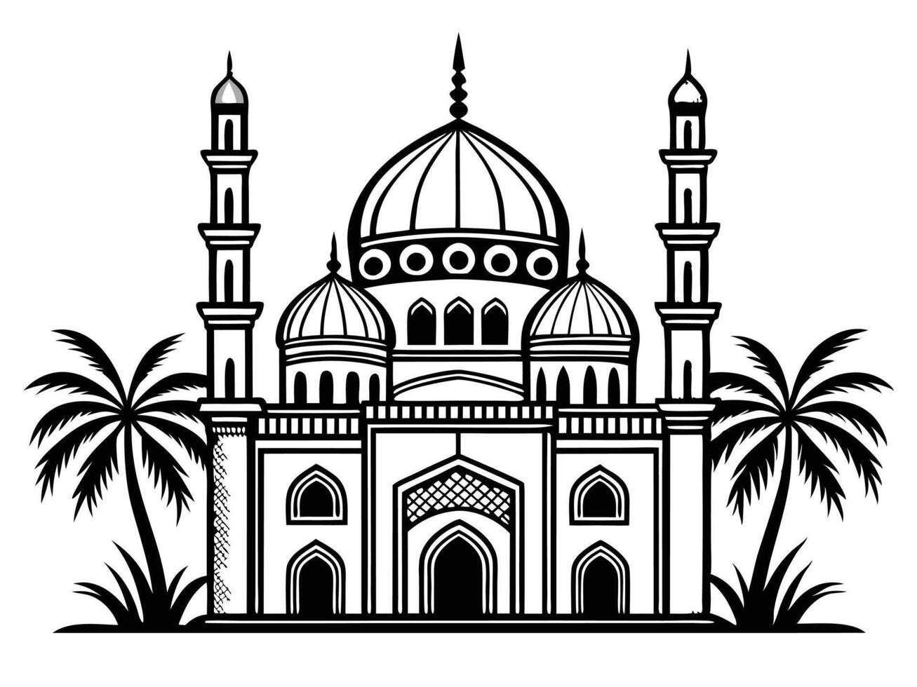 Elegant mosque illustration with palm trees in black and white style vector