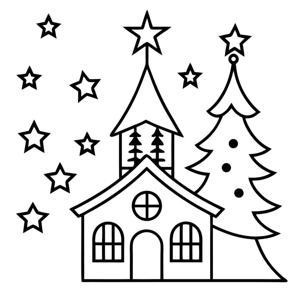 Christmas eve outline church with star topped tree and festive starry night vector