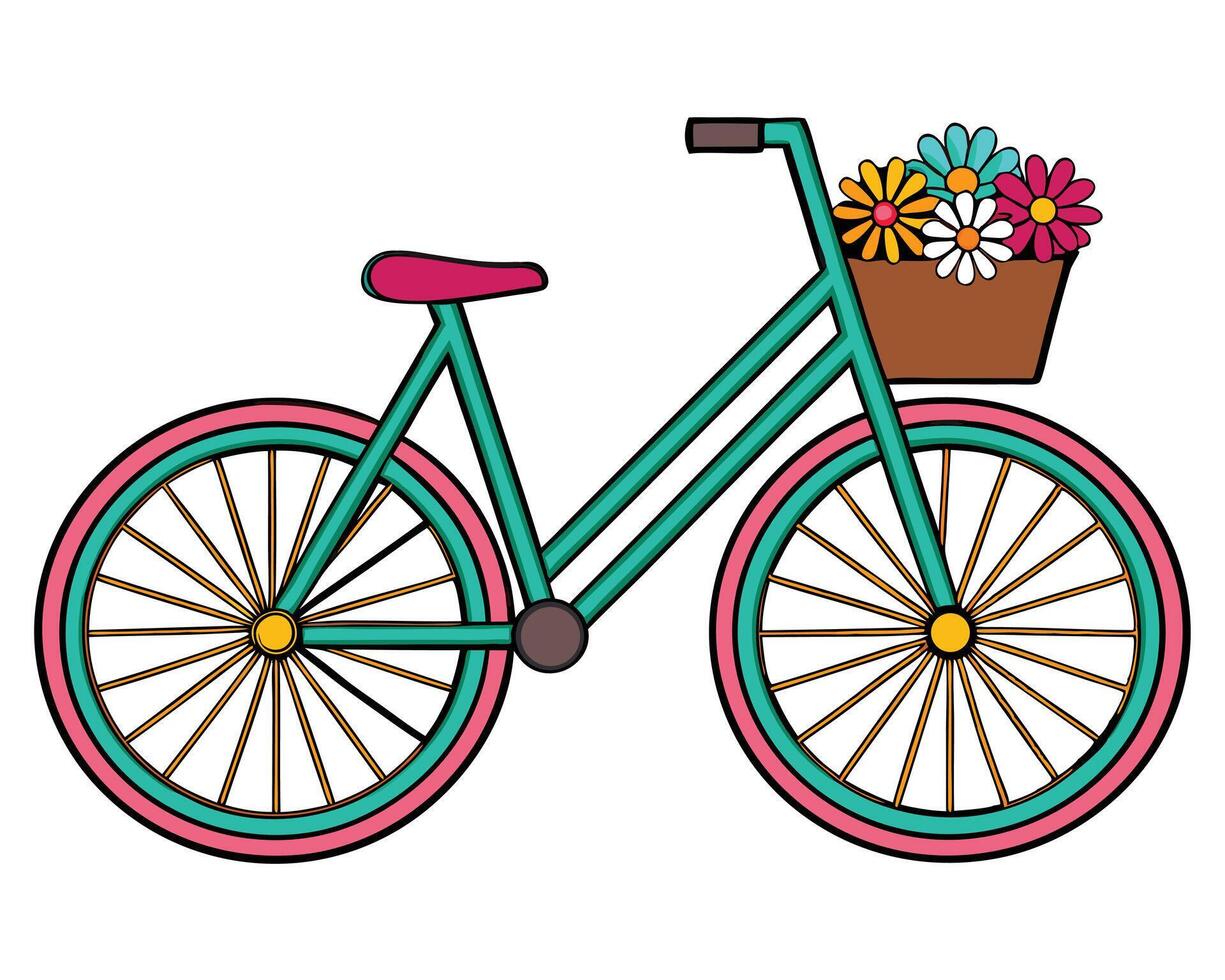 Colorful bicycle illustration with flowers in a basket on a white background perfect for spring designs. vector