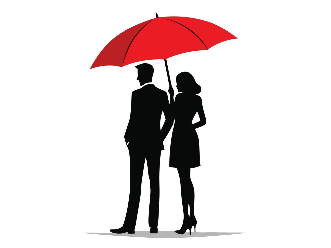 Silhouette illustration of a couple standing together under a red umbrella on a white background vector