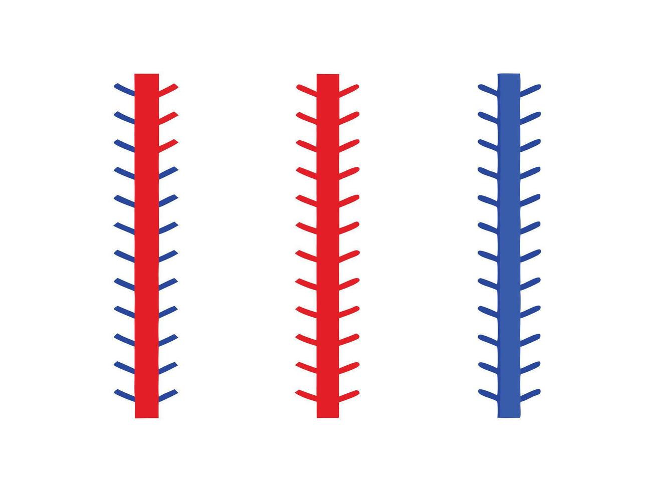 Three minimalist baseball stitching designs in red and blue colors isolated vector